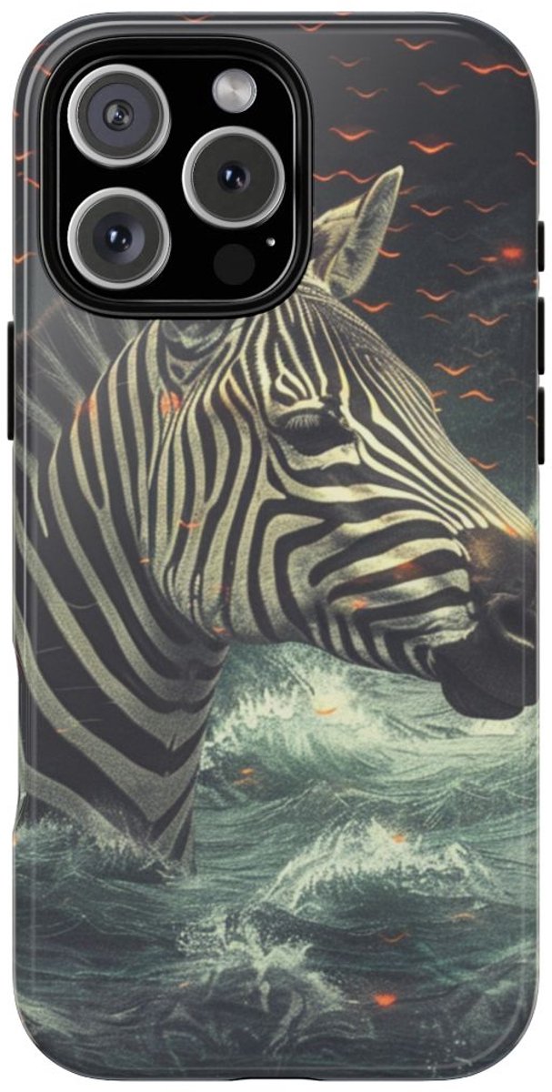 Zebra in Water met Gloeiende Vonken – Telefoonhoesje Geschikt voor iPhone 16 Pro Max
