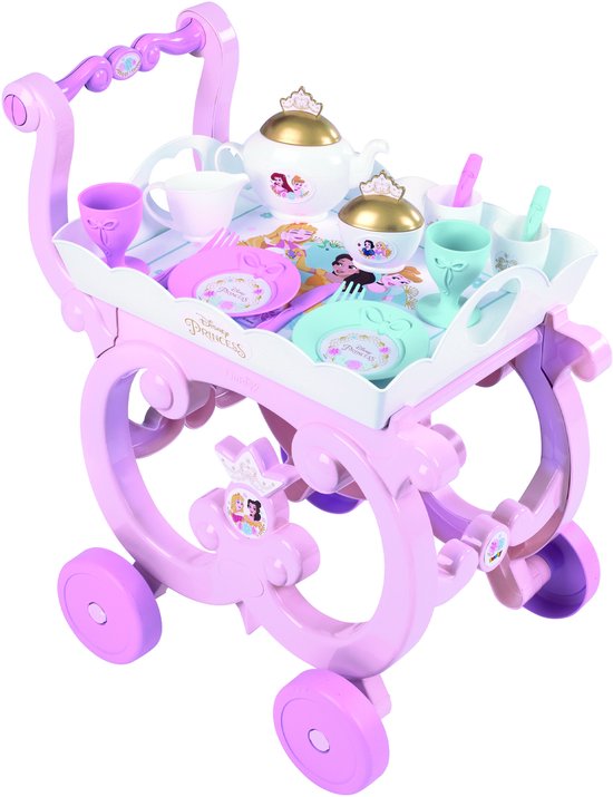 Een roze speelgoedtheetrolley op wielen, gevuld met een Disney Prinses theeservies. De trolley heeft decoratieve randen en een kroon.