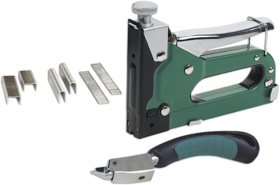 Groene tacker met metalen details, extra nieten en een nietverwijderaar met zwart/groen handvat.