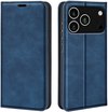 Blauw telefoonhoesje, gesloten en open om de camera's te tonen.