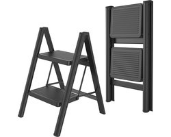 Opvouwbare trapladder, trapkruk, opvouwbare trap met brede antislip pedaal, multifunctionele huishoudtrap, trap tot 150 kg, zwart voor thuis, keuken, kantoor, buiten - 2 treden