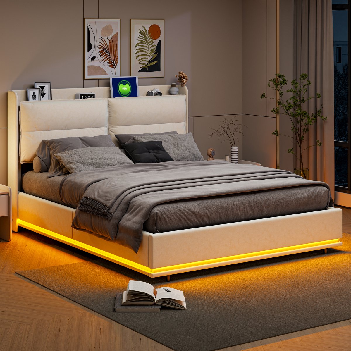 Tweepersoonsbed 140x200cm met USB-oplaadpunt en LED-verlichting, opberg-hoofdbord, hydraulisch boxspringbed met lattenbodem, jeugdbed, functioneel bed