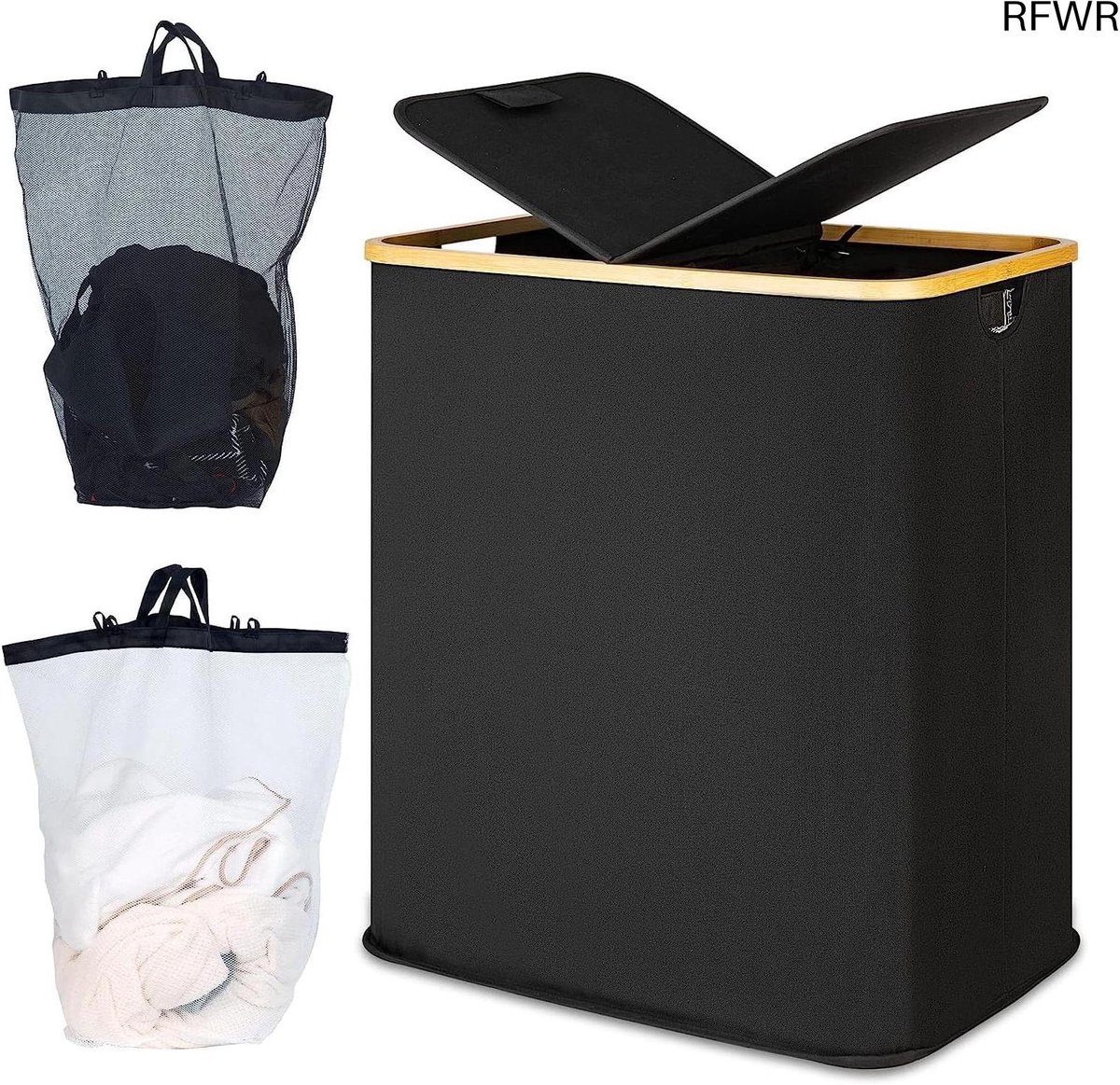 RFWR® Dubbele wasmand 140 l met deksel en 2 vakken - Grote wasverzamelaar voor het gehele gezin