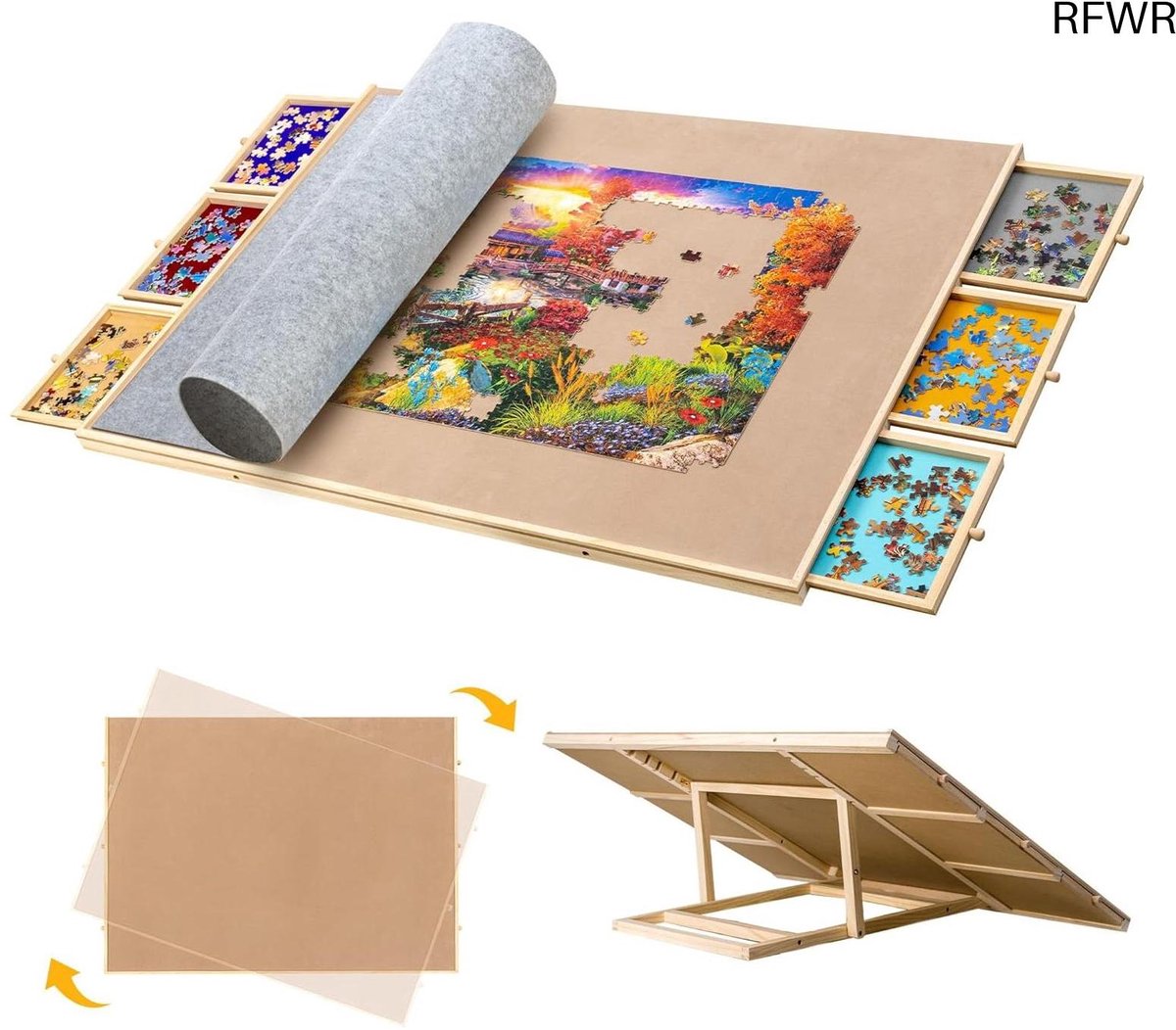 RFWR® 2-in-1 Draaibaar Puzzelbord - Houten Puzzeltafel met 6 Kleurrijke Laden en Opbergruimte, Verstelbare Tafels voor Volwassenen