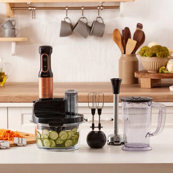 Karaca Mastermaid Prosteel - Keukenrobot 2500W - Glazen Hakmolen 1,5L - Staafmixer, Smoothiebeker, Garde, Rasp & Snijschijven - Zwart/Koper van Karaca — afbeelding 4