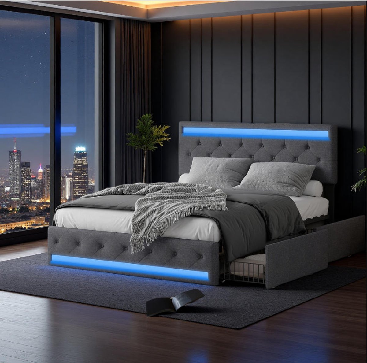 Modern Tweepersoonsbed 140x200cm, Grijs Linnen, 4 Lades, USB/Type-C, Lattenbodem en LED Verlichting
