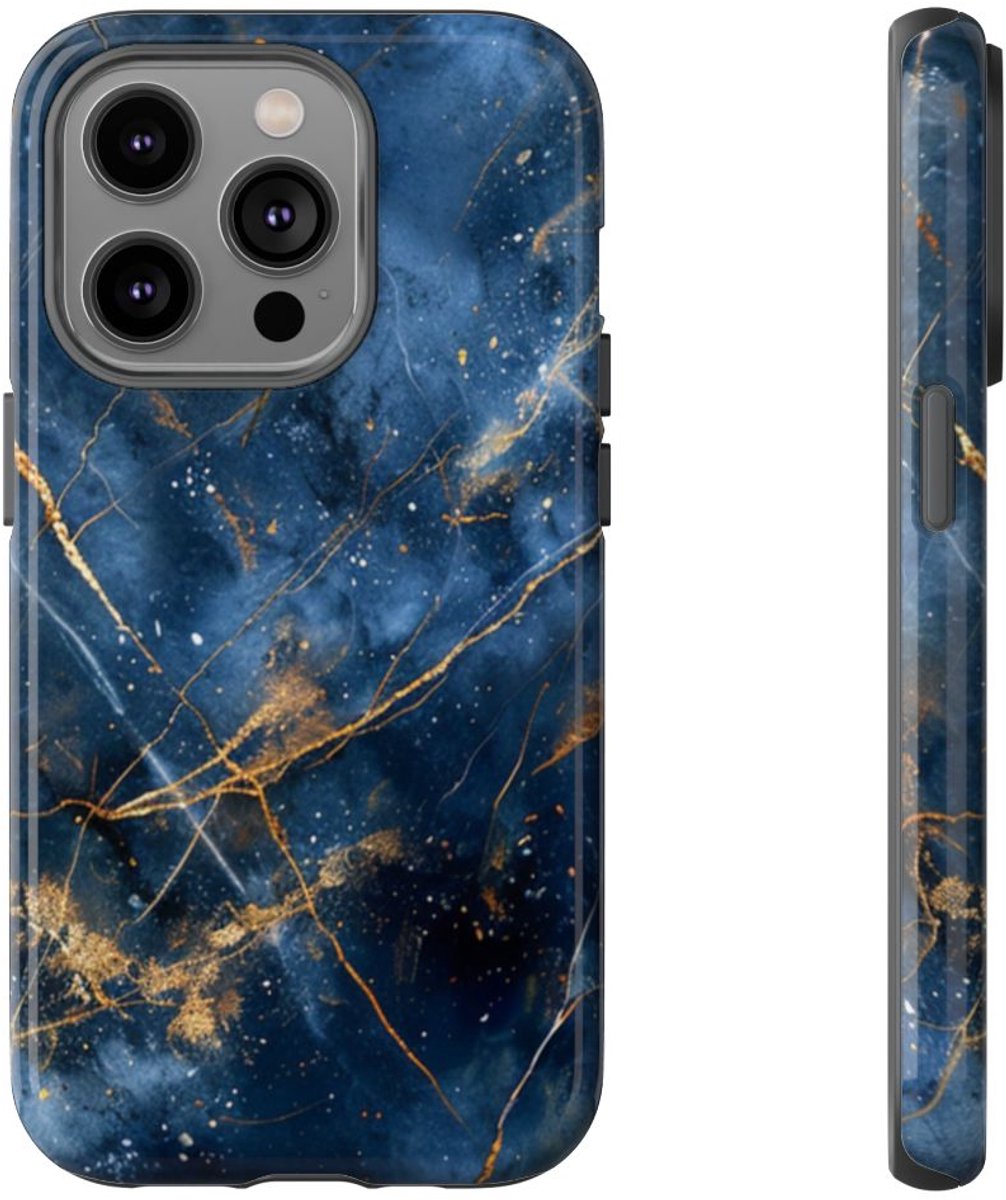 Blauw Marmerpatroon met Gouden Adering – Telefoonhoesje Geschikt voor iPhone 14 Pro