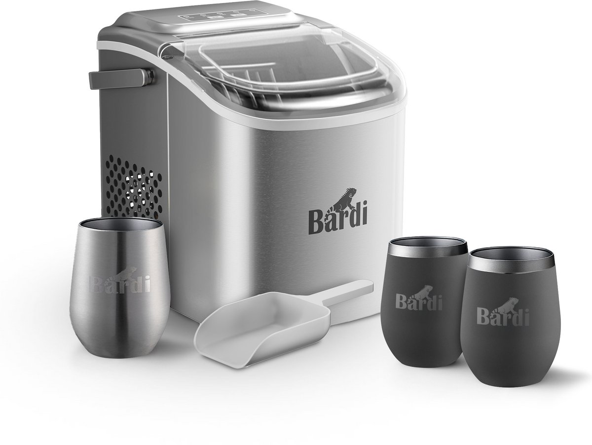 Bardi Deluxe IJsblokjesmachine Set 1,2 Liter RVS - 12KG IJsblokjes in 24 uur - met IJsschep - Inclusief 3 Luxe Thermosbekers en Ijsschep - Grijs