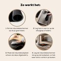 Instructies voor gebruik van de inductiebeschermer: oprollen, opbergen, schoonmaken, terugleggen.