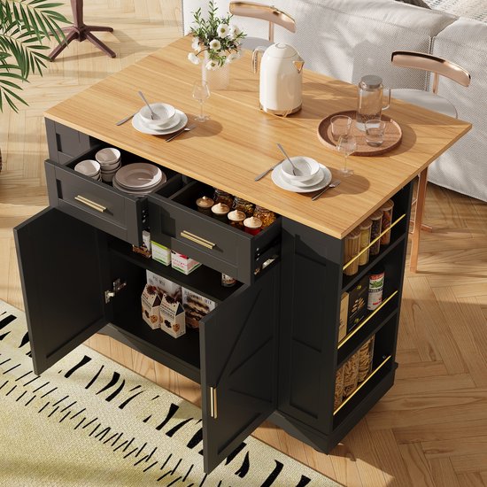 Îlot de cuisine moderne, meuble de cuisine, buffet, chariot de service avec grain de bois, buffet, table à manger multifonctionnelle avec espace de rangement, chariot de service avec armoires à fonction extensible, noir