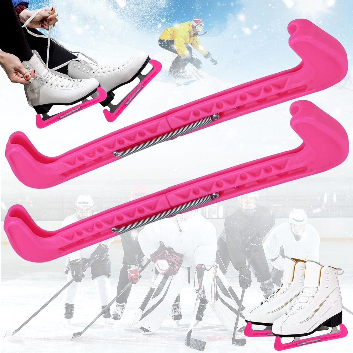 1 Pair Skate Blade Guards - Adjustable Ice Hockey Skate Blade Cover - Ice Hockey Skate Guards with Spring - Skate Protector for Figure Skating - Unisex (Pink)