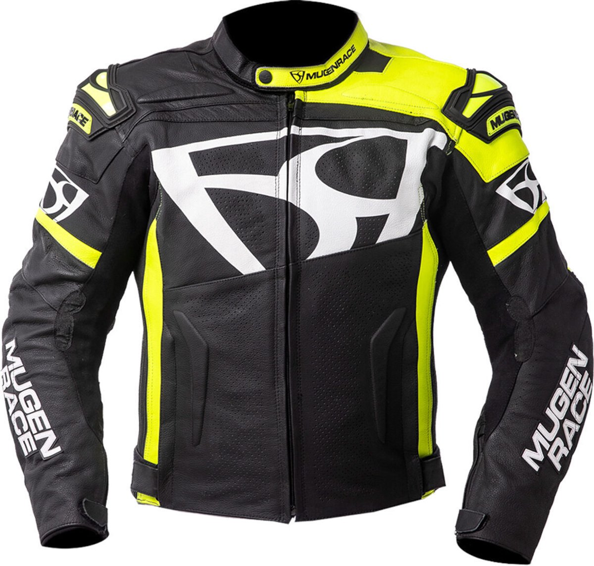 MUGENRACE Aggressore Zwart Wit Fluo Gele Leren Jas - Jas