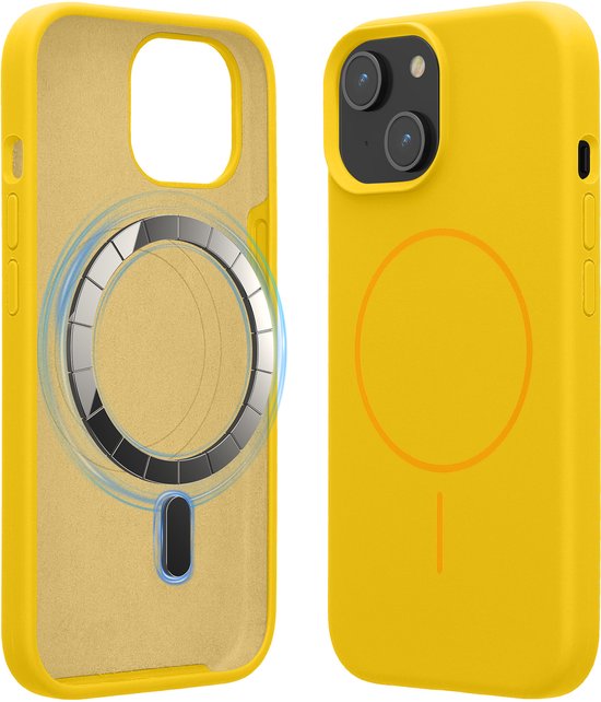 Coque kwmobile pour Apple iPhone 15 – Coque avec bords en silicone et dos magnétique, compatible MagSafe, jaune éclatant