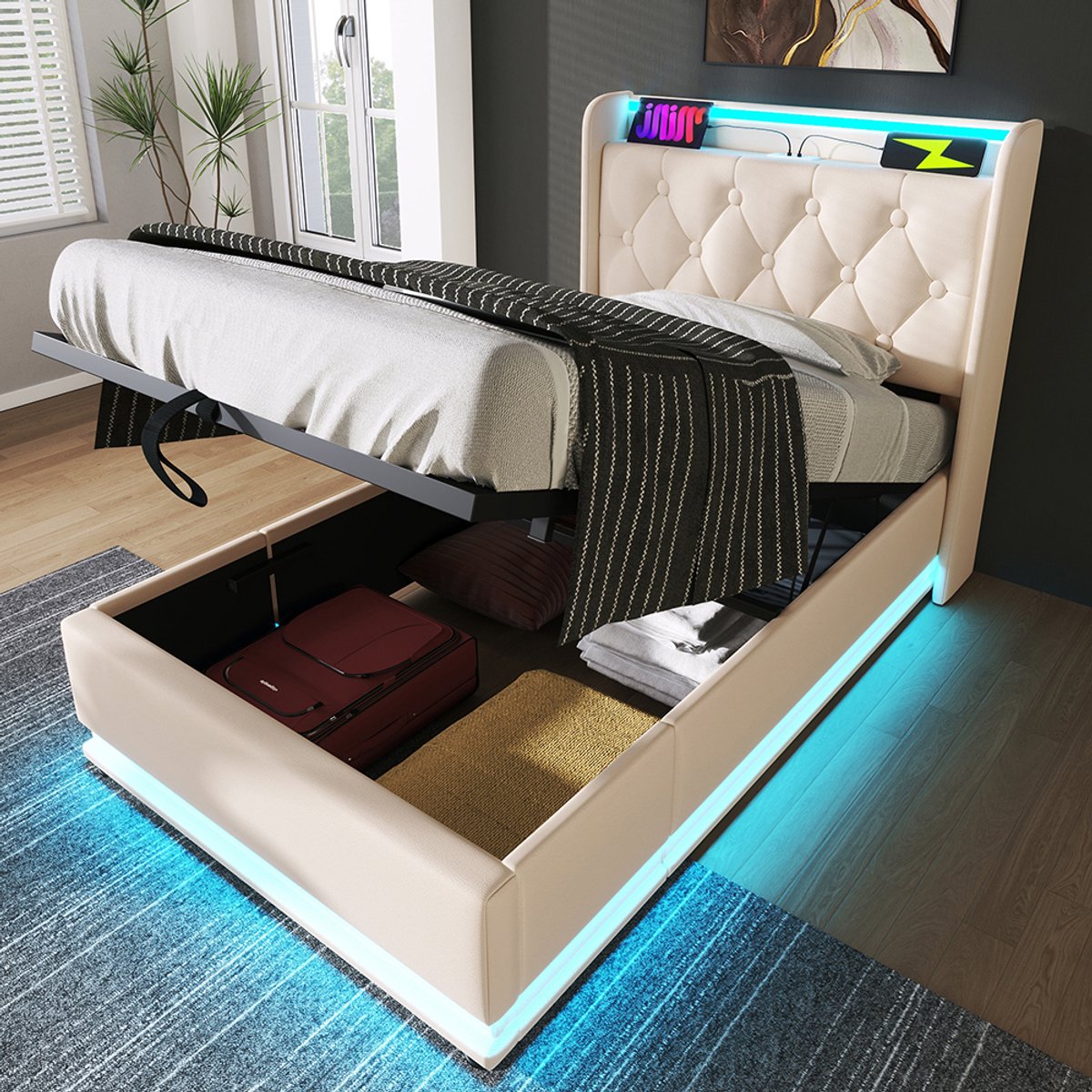 Pugsdrly Gestoffeerd eenpersoonsbed, 360° surround LED-functie, drukknop/app/afstandsbediening, 90*200 cm, wit PU-materiaal Hydraulisch opbergbed, gestoffeerd hoofdeinde met USB type C-oplaadfunctie (zonder matras)