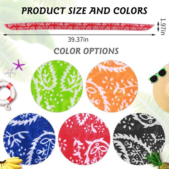 Afmetingen en kleuropties van de bandana: 39,37 inch lang en 1,97 inch breed, in groen, oranje, blauw, rood en zwart.
