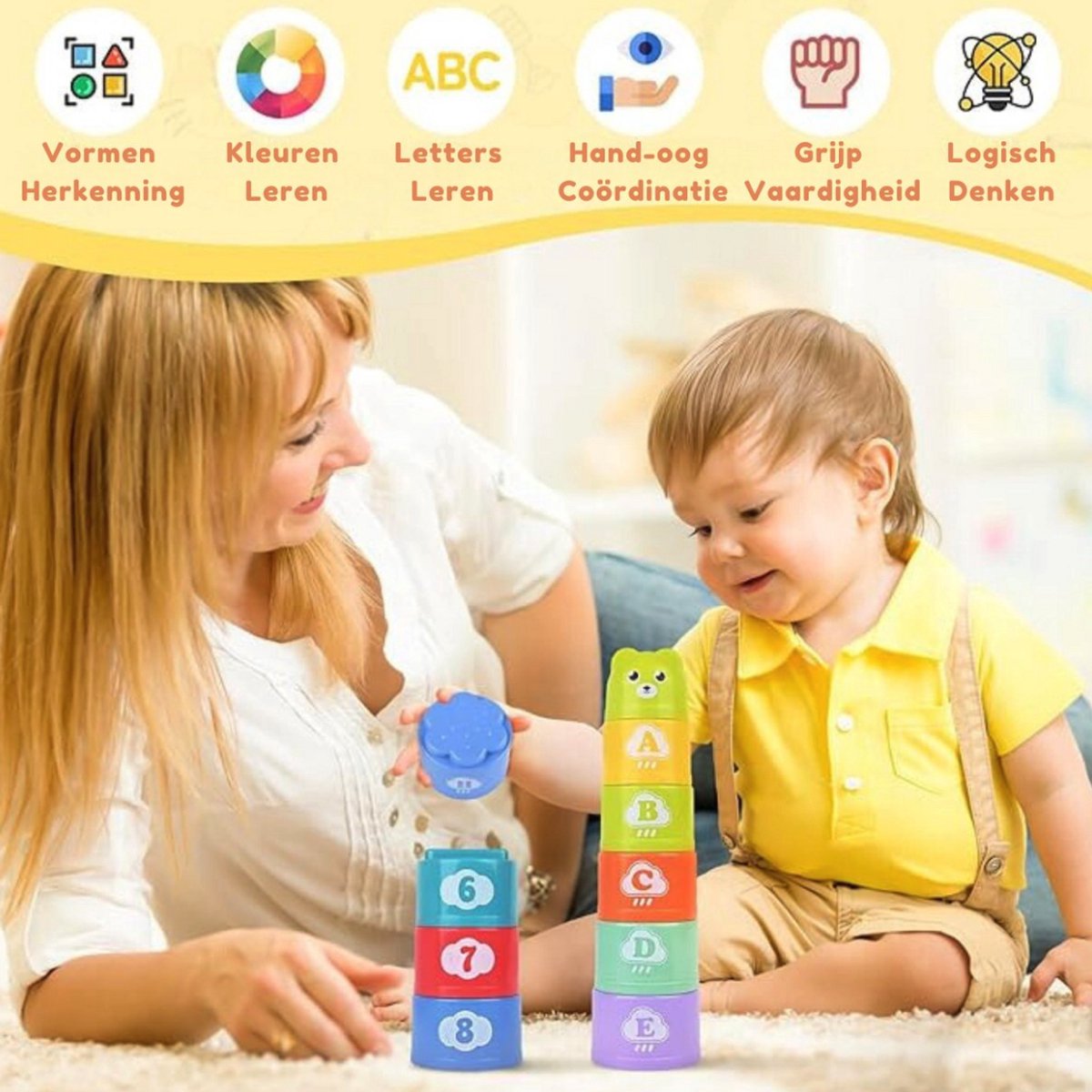 Baby Speelgoed - Speelgoed 1 Jaar - Montessori Speelgoed - Kinderspeelgoed - 4 in 1 Stapelblokken, Bijtring, Vormenstoof & Stapeltoren — afbeelding 3