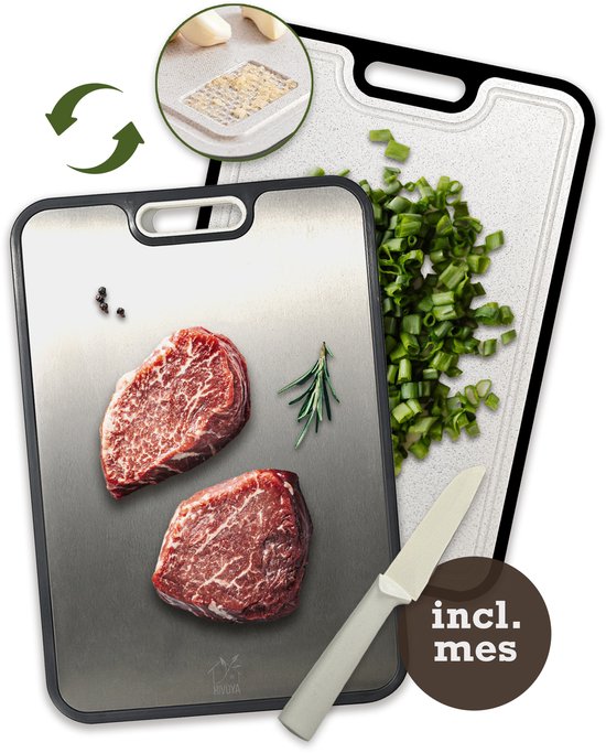 Rivoya Premium 100% Titanium Snijplank Dubbelzijdig - Incl Mes - Cutting board - PFAS vrij - Antibacterieel - Vermijd Microplastic - Extra Hygiëne - Met Rasp, Sapgeul & Ophangoog - Antislip