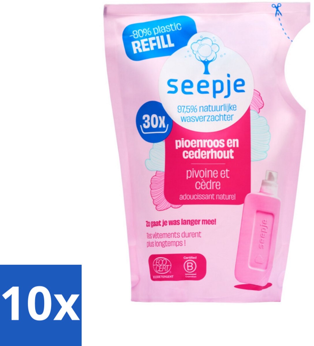 Seepje - Wasverzachter - Duurzaam & Frisse Geur - Navulling - Pioenroos en Cederhout - 30 Wasbeurten - 750 ml - Bulkverpakking - 10 stuks
