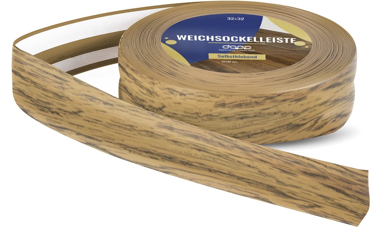 DQ-PP ZACHTE PLINT - 50 m (2xw5m) - Eik - 32 x 23 mm - PVC - zelfklevend - knikhoek plinten rubberen strip plint hoekprofiel afsluitstrip vloerlijst