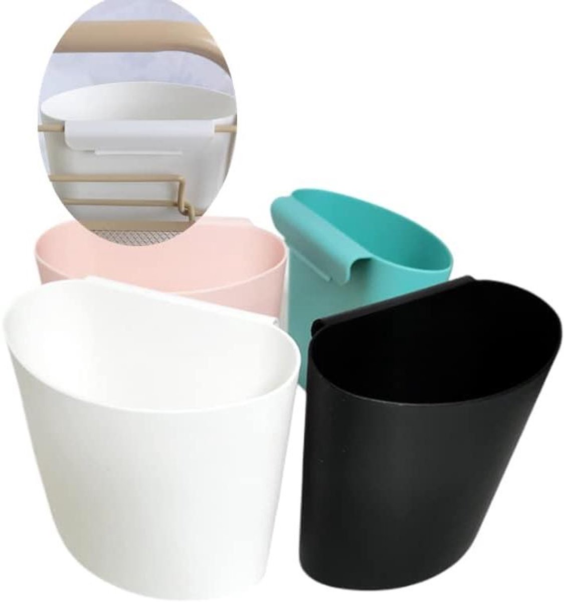 Allecto Plus - Hangende bekerhouder bakken kar accessoires - 4 stuks - zwart/roze/blauw/wit - kantoor keuken muurorganisator