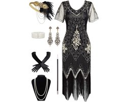 Allecto Plus - Damesjurk - Korte mouwen - Jaren 20 stijl - Gatsby themafeest - Zwart - Maat L