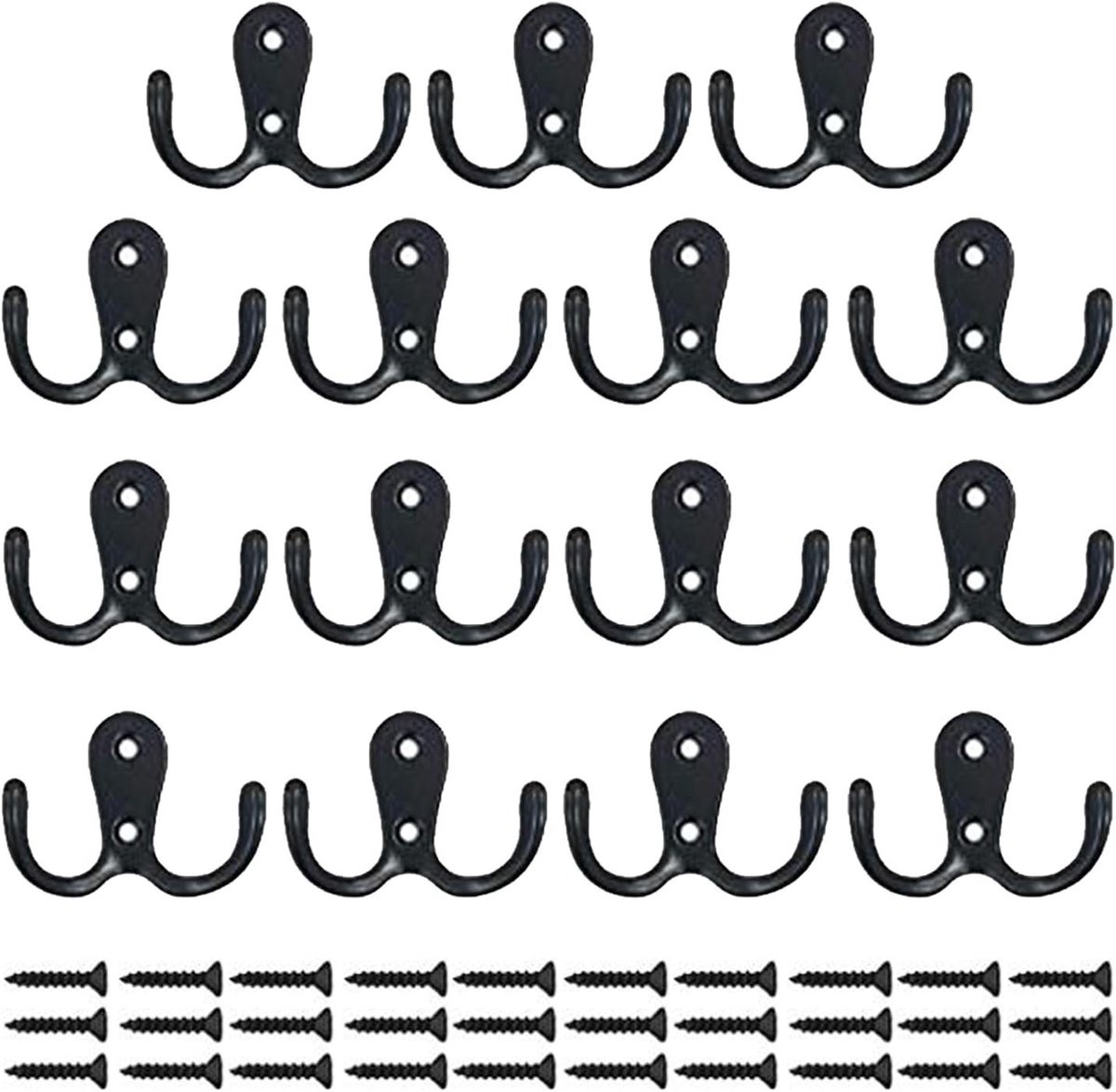 15-delige Dubbele Prong Gewaadhaak Set - Metalen Wandmontage Haken in Zwart - Voor Jas, Sjaal, Tas en Meer