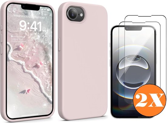 Coque rose pour iPhone 16e, écran affichant date et heure, et 2 protecteurs d'écran.