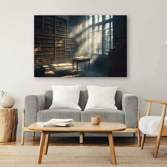 Zonovergoten klassieke bibliotheek - Bibliotheek glazen schilderij - Kunst boeken - Realisme - Schilderij op plexiglas - Klassieke schilderijen - acrylglas 60x40 cm