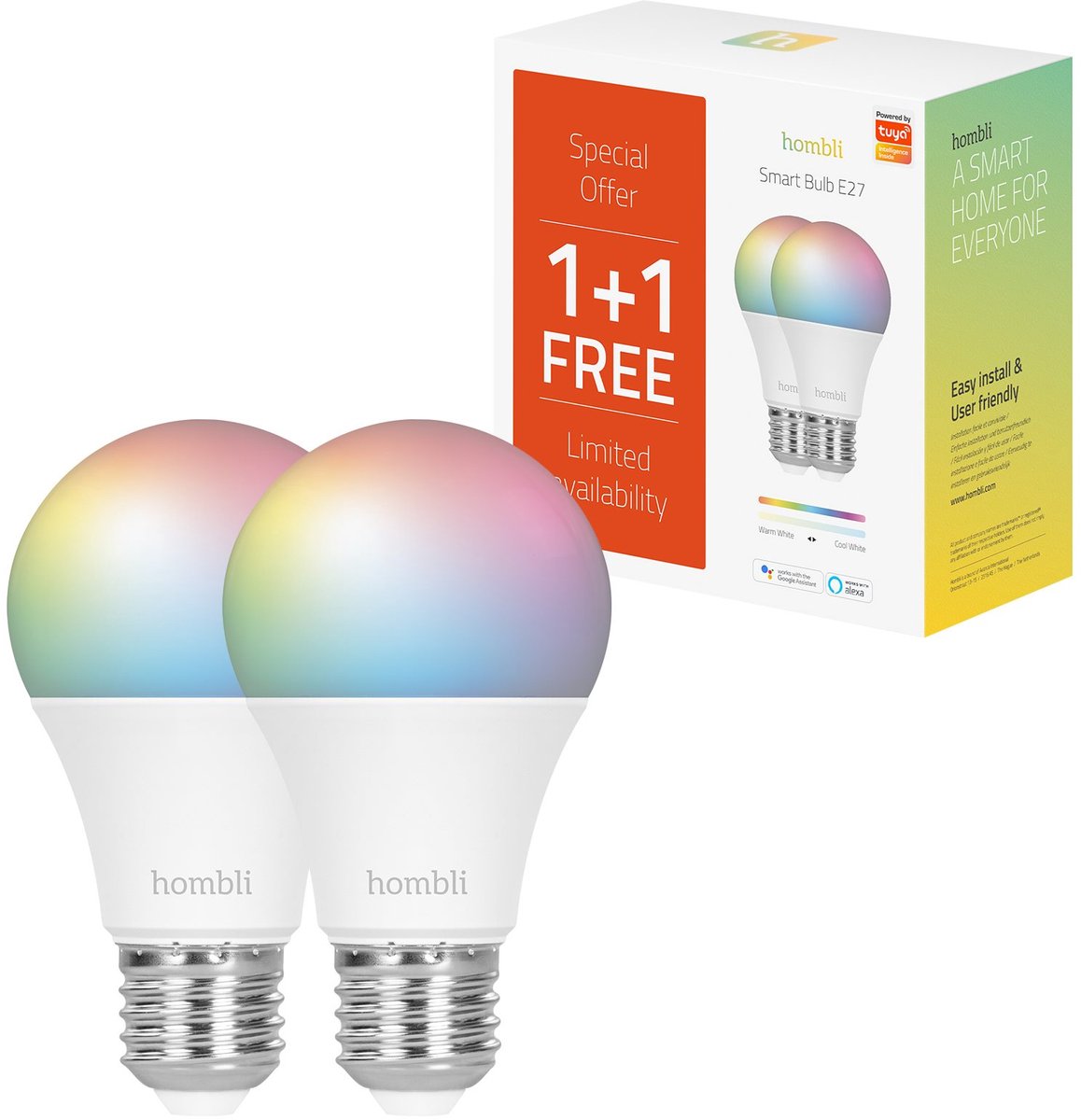 Hombli Smart Bulb RGB - CCT Promo pack 1+1 2 stuks, Dimbaar