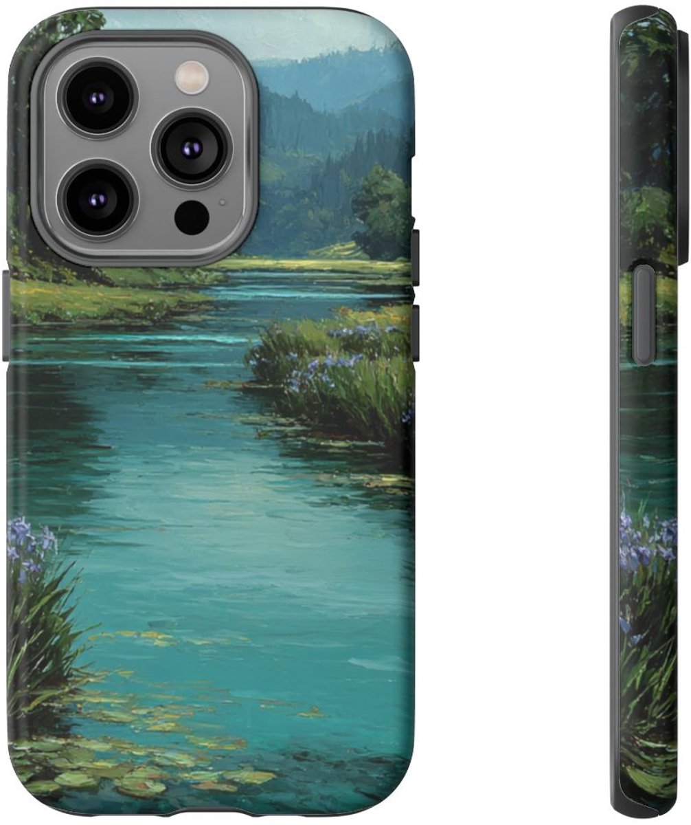 Blauwe Iris Rivierlandschap – Telefoonhoesje Geschikt voor iPhone 14 Pro