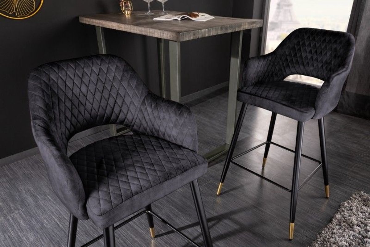Design barkruk PARIS grijs fluweel met decoratieve quilting en gouden voetdoppen - 41514