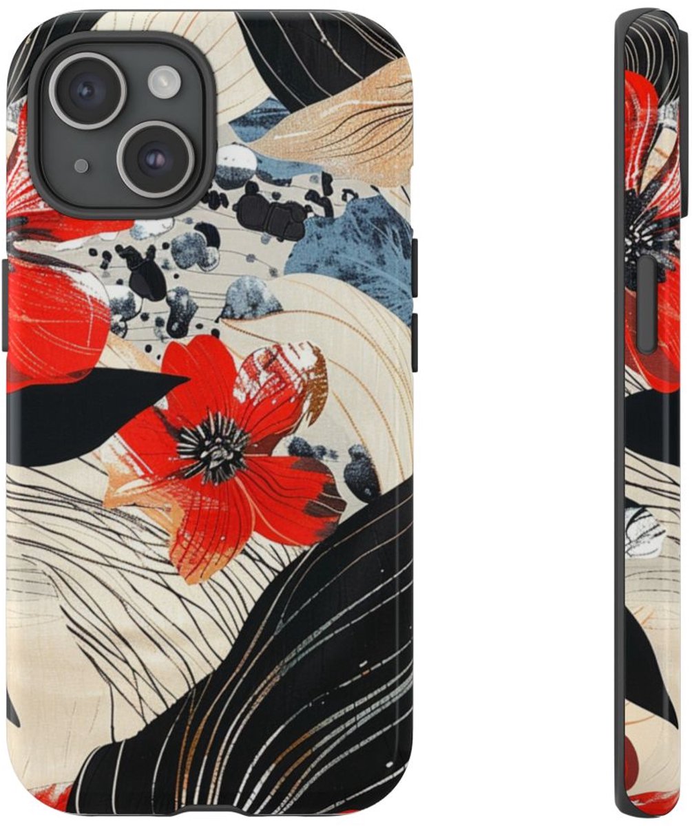 Rood Bloemen Abstract Patroon – Telefoonhoesje Geschikt voor iPhone 15