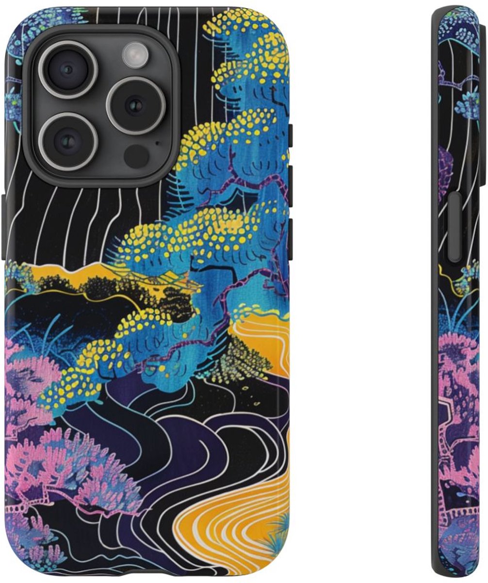 Kleurrijke Abstracte Bomen en Rivier – Telefoonhoesje Geschikt voor iPhone 15 Pro