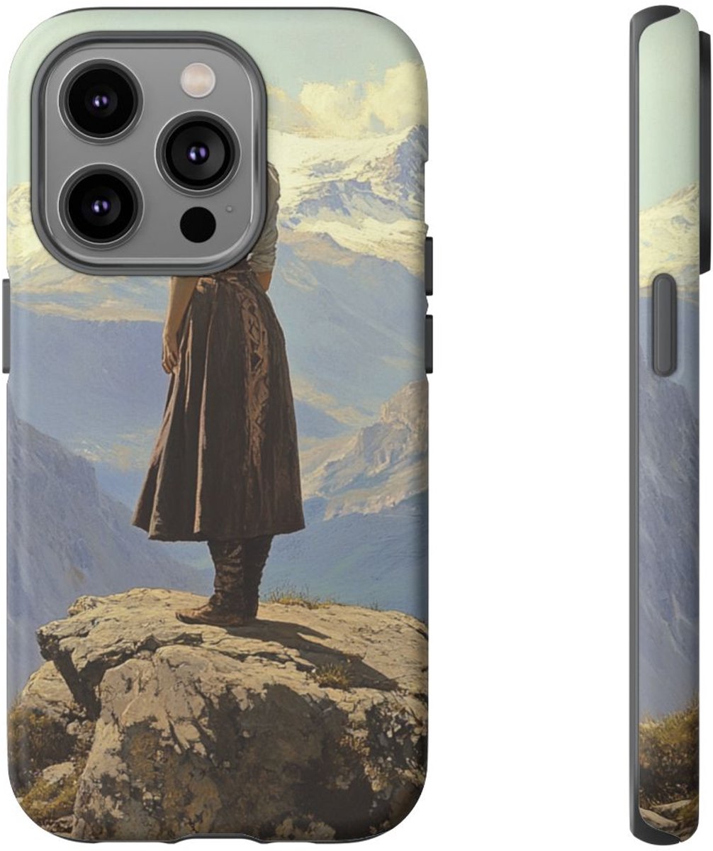 Meisje bij Bergachtig Uitzicht – Telefoonhoesje Geschikt voor iPhone 14 Pro