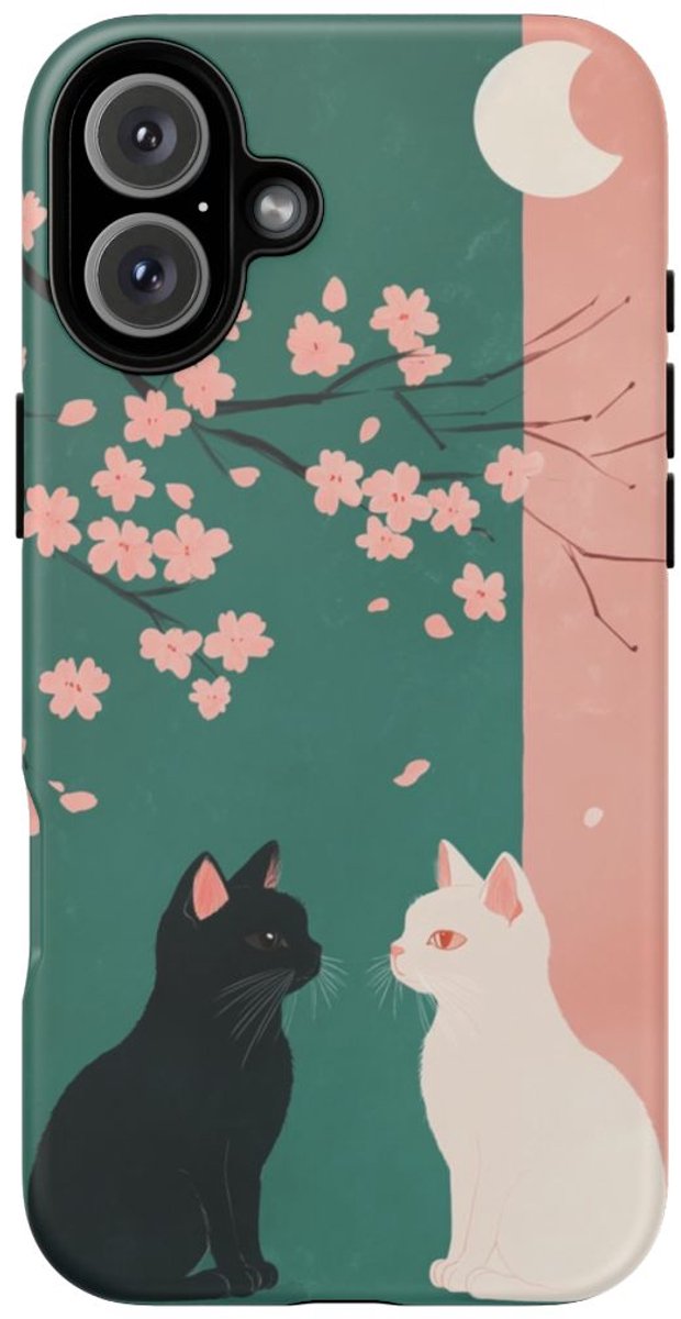 Zwarte en witte katten met kersenbloesem – Telefoonhoesje Geschikt voor 16 Plus