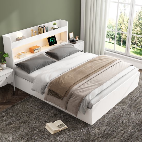 Gewatteerd opbergbed 140x200 cm met LED-verlichting - stof fluweel - Zwart