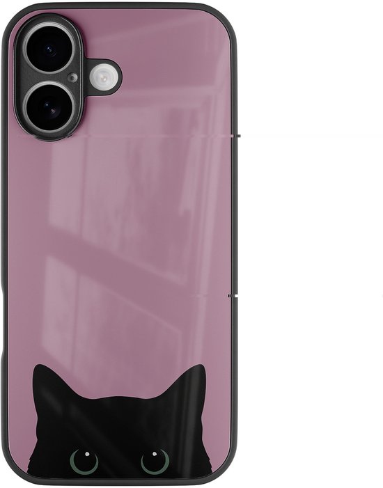Coque de téléphone rose avec une tête de chat noire et des yeux verts, qui regarde par-dessus le bord.