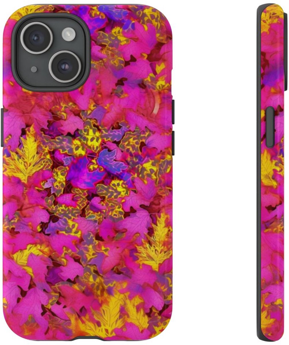 Levendig Roze-Geel Bladerenpatroon – Telefoonhoesje Geschikt voor iPhone 15