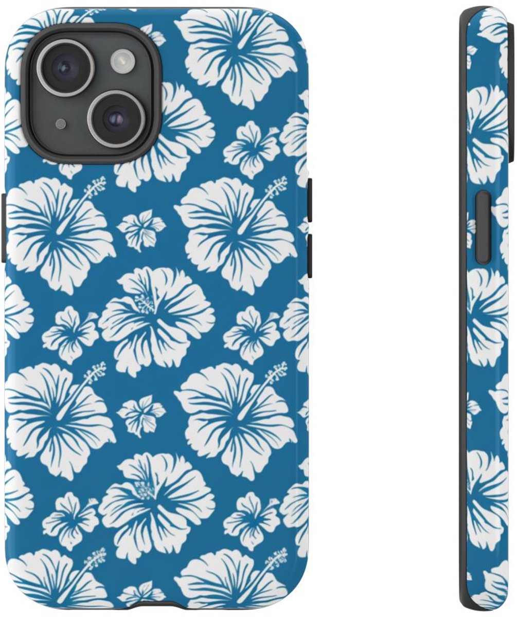 Wit Hawaïaans Bloemenpatroon op Blauw – Telefoonhoesje Geschikt voor iPhone 15