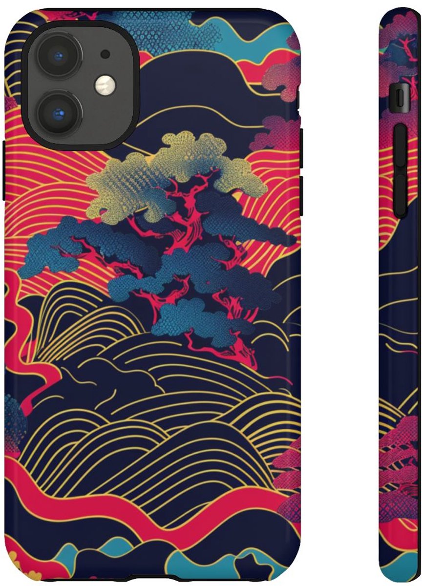 Neon Japanse Landschapspatroon – Telefoonhoesje Geschikt voor iPhone 11