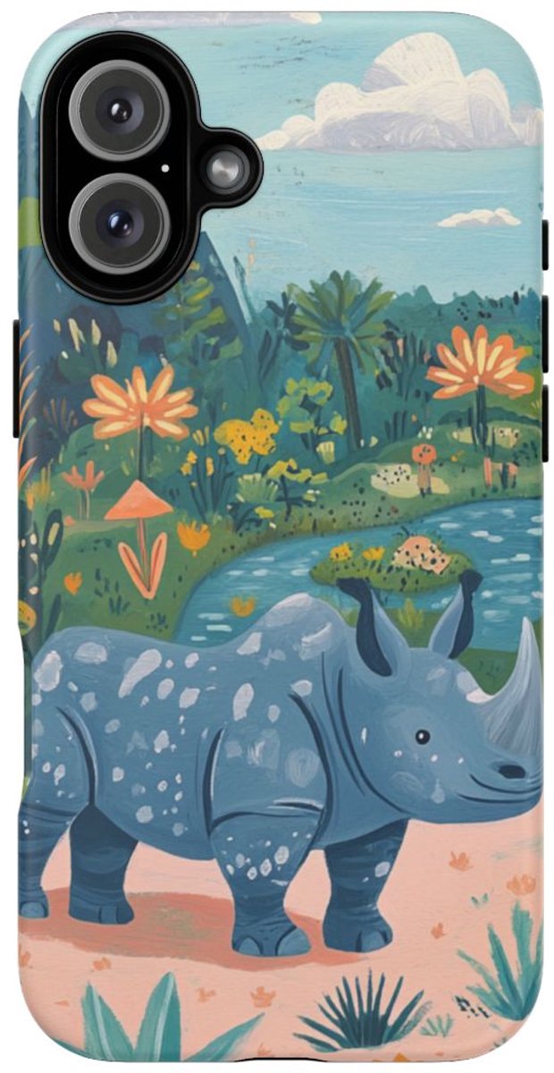Blauwe Neushoorn Illustratie – Telefoonhoesje Geschikt voor iPhone 16 Plus