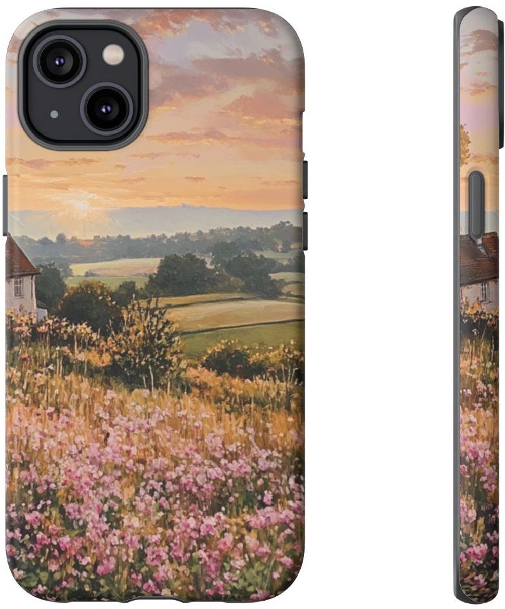 Landelijk Ochtendlandschap met Bloemen – Telefoonhoesje Geschikt voor iPhone 14 Plus