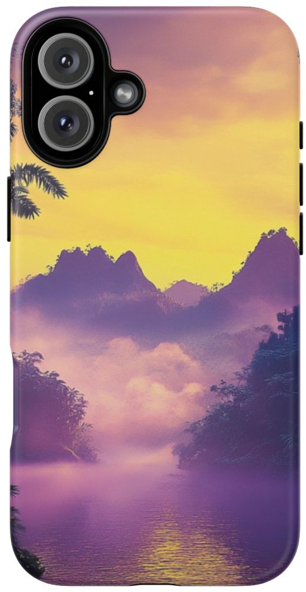Paarse Mistige Junglemeer Landschap – Telefoonhoesje Geschikt voor iPhone 16 Plus