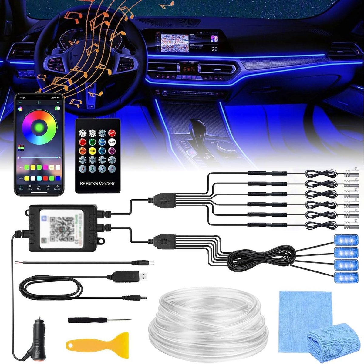 6 m LED Interieur Auto Licht - 6 in 1 RGB 12 V Sfeerverlichting voor Auto - App + Afstandsbediening - Interieurverlichting Laser Multikleur Sfeerverlichting