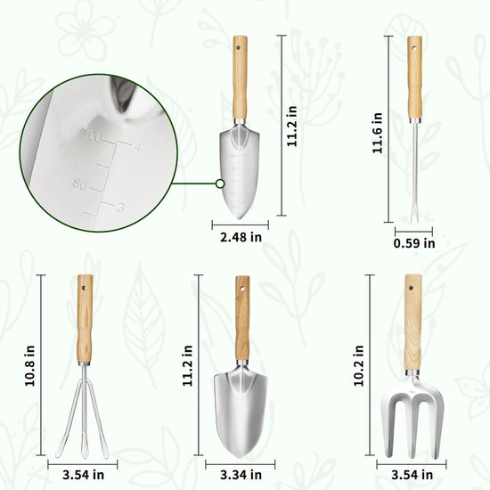 Tuingereedschapset, hoogwaardige 5-delige, zware tuingereedschapset, inclusief schep, handhark, verplanter, grote troffel en 5-klauws cultivator, gemaakt van roestvrij staal met antislip houten handgrepen van Merkloos	 — afbeelding 5