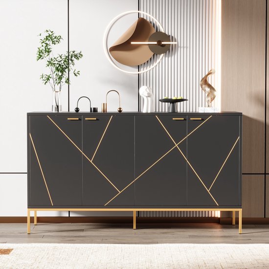 Sweiko Dressoir - 4 deurs TV meubel - Metalen pootjes - Lineair accent - Zwart + Goud