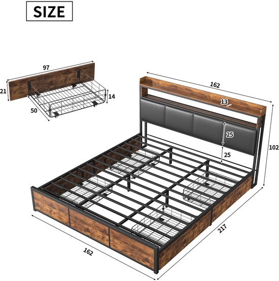 Metalen jeugdbedden, tweepersoonsbed met hoofdeinde met opbergruimte en metalen lattenbodem, kinderbed, metalen bedframe voor volwassenen, kinderen, jongeren, zwart, industrieel bed (140 x 200 cm