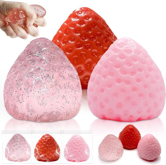 Fidget toys-Taba squishy-3 grote geperste aardbeien-Stressverlichtende en sensorische friemelspeeltjes - Feestzakjesvullers voor kinderen en volwassenen-3 kleuren-6CM