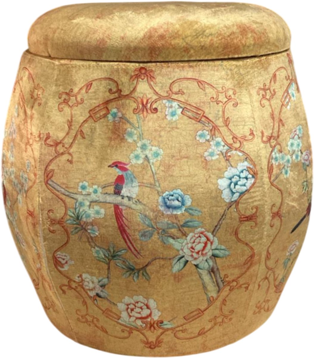 Fine Asianliving Velours Poef met Opbergruimte Rond Geel Vogels Handgemaakt D43xH43cm Velvet Opbergpoef Fluweel Voetenbankje Groot met Deksel