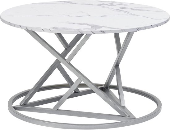 MAXCBD Ronde salontafel, woonkamerset, moderne ronde salontafels, witte salontafel met stenen tafelblad en metalen frame, robuust en stijlvol